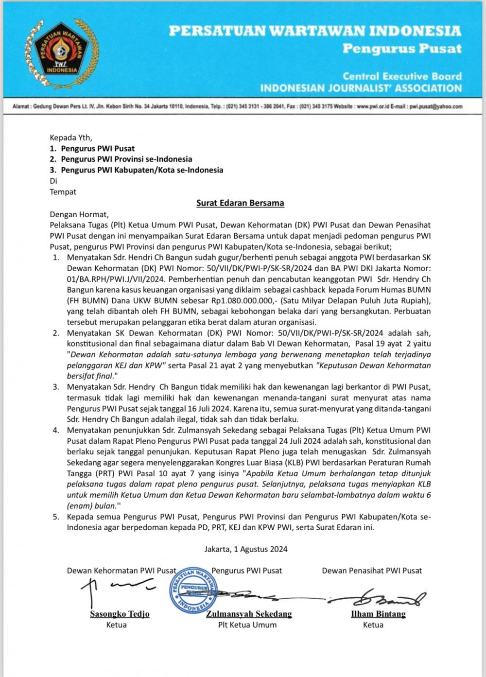 PWI Pusat Cabut Keanggotaan Hendry Ch Bangun Akibat Kasus Dana UKW BUMN