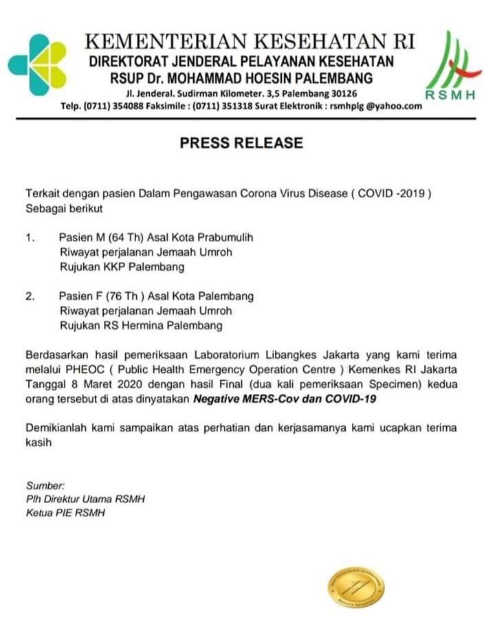 Press Release RSMH Palembang : Pasien Dinyatakan Negatif Corona